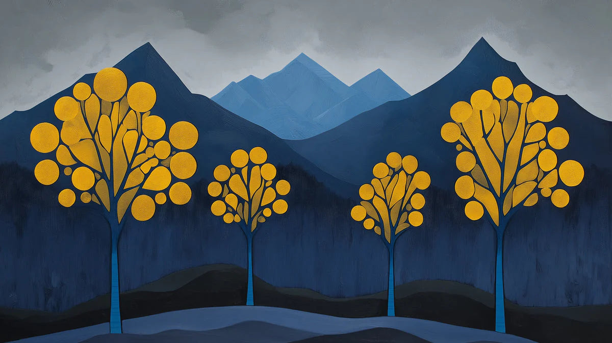 Dark Blue and Yellow Tree Mural Wallpaper in Living Room Dark Blue, Yellow Trees Mural Wallpaper - room preview 02