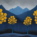 Dark Blue and Yellow Tree Mural Wallpaper in Living Room Dark Blue, Yellow Trees Mural Wallpaper - room preview 02