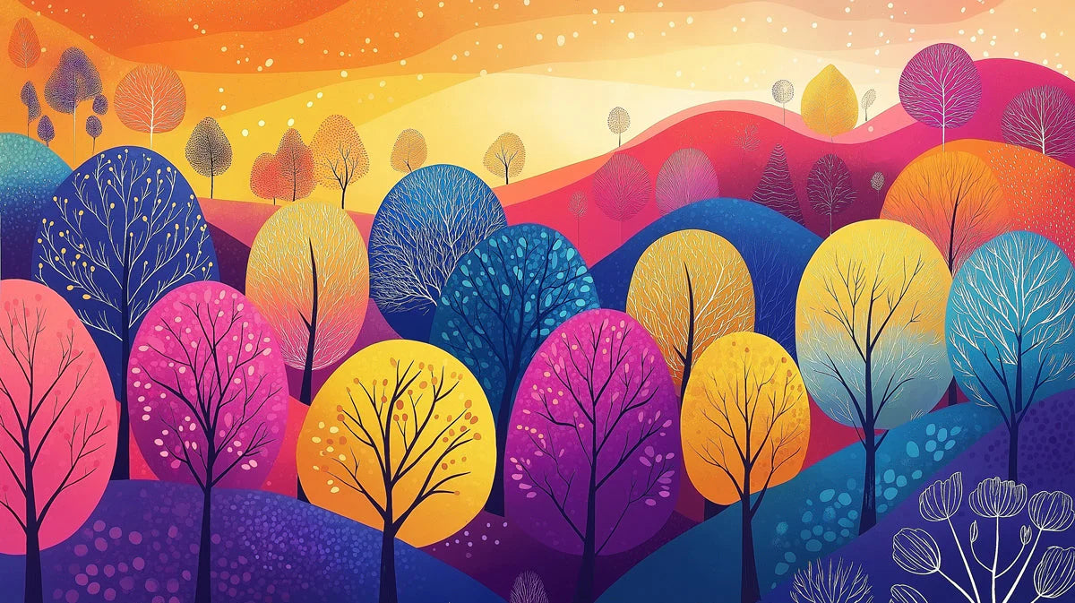 Colorful Tree Mural Wallpaper in Bedroom Various Colors (Pink, Blue, Yellow, etc.) Trees Mural Wallpaper - room preview 02