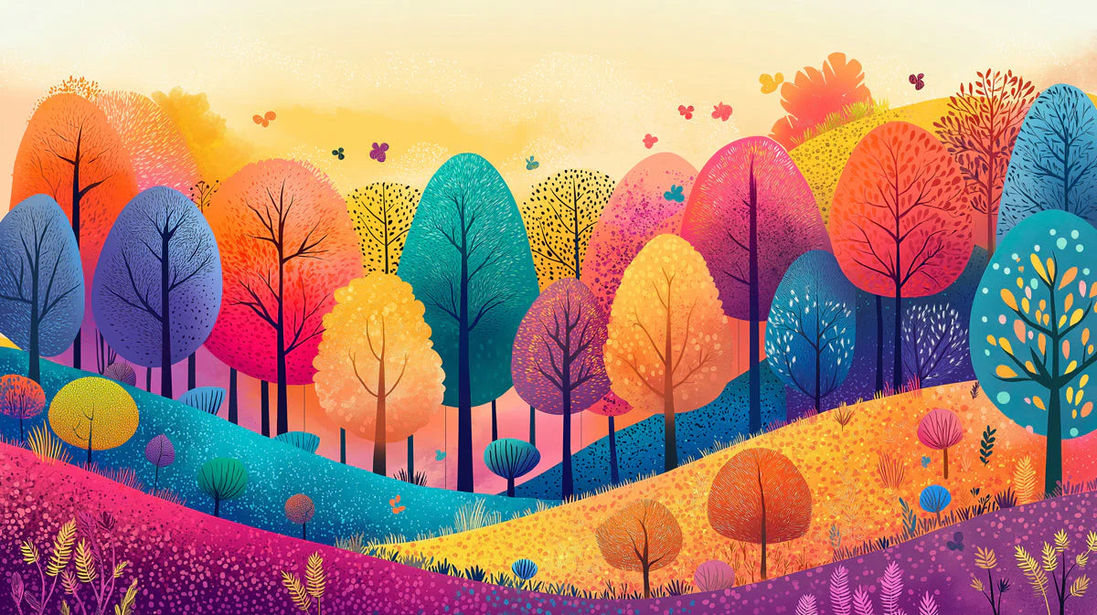 Colorful Tree Mural Wallpaper in Bedroom Various Colors (Pink, Blue, Yellow, etc.) Trees Mural Wallpaper - room preview 02
