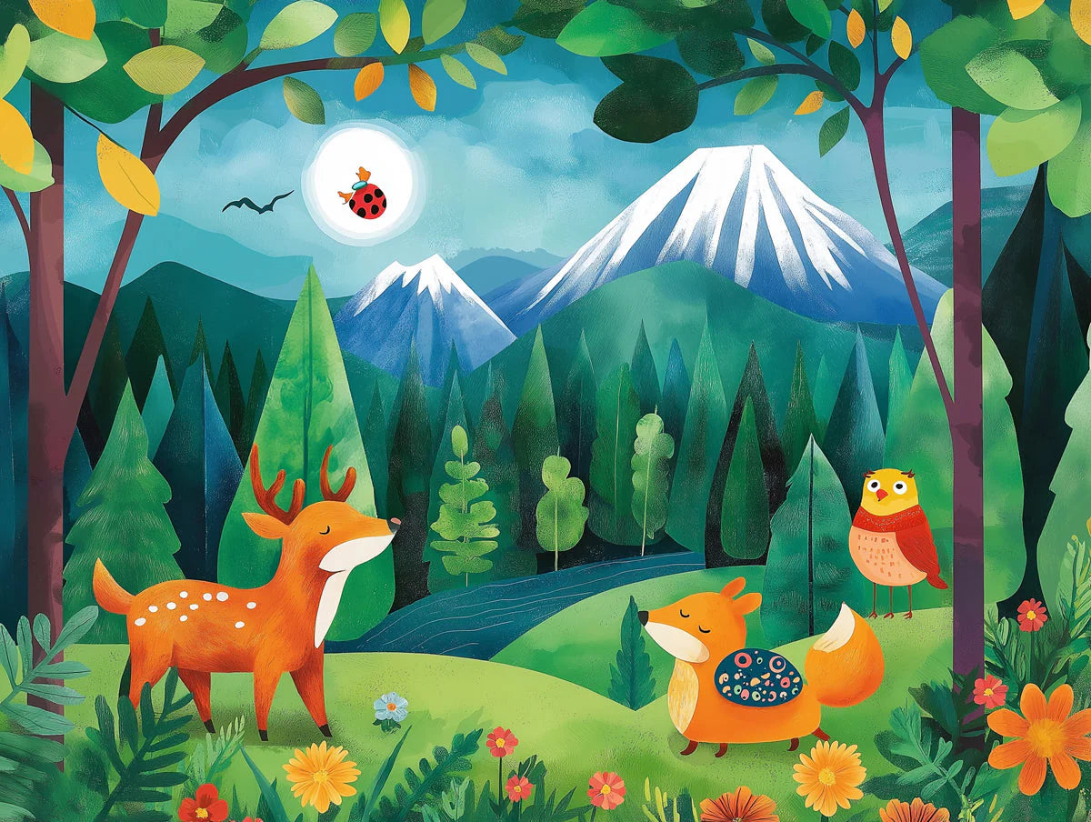 Forest and Animals Mural Wallpaper in Bedroom Various Colors (Green, Orange, etc.) of Forest and Animals Mural Wallpaper - room preview 02