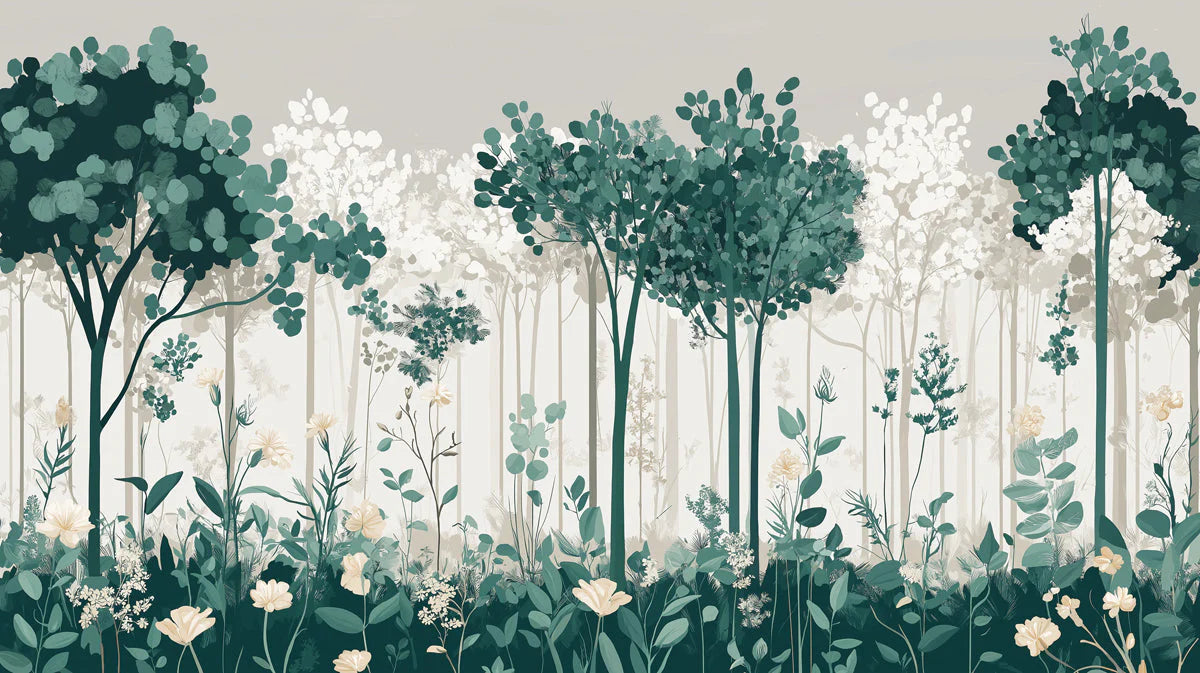 Simple Pine Tree Mural Wallpaper in Study Room Green, White Pine Trees Mural Wallpaper - room preview 02