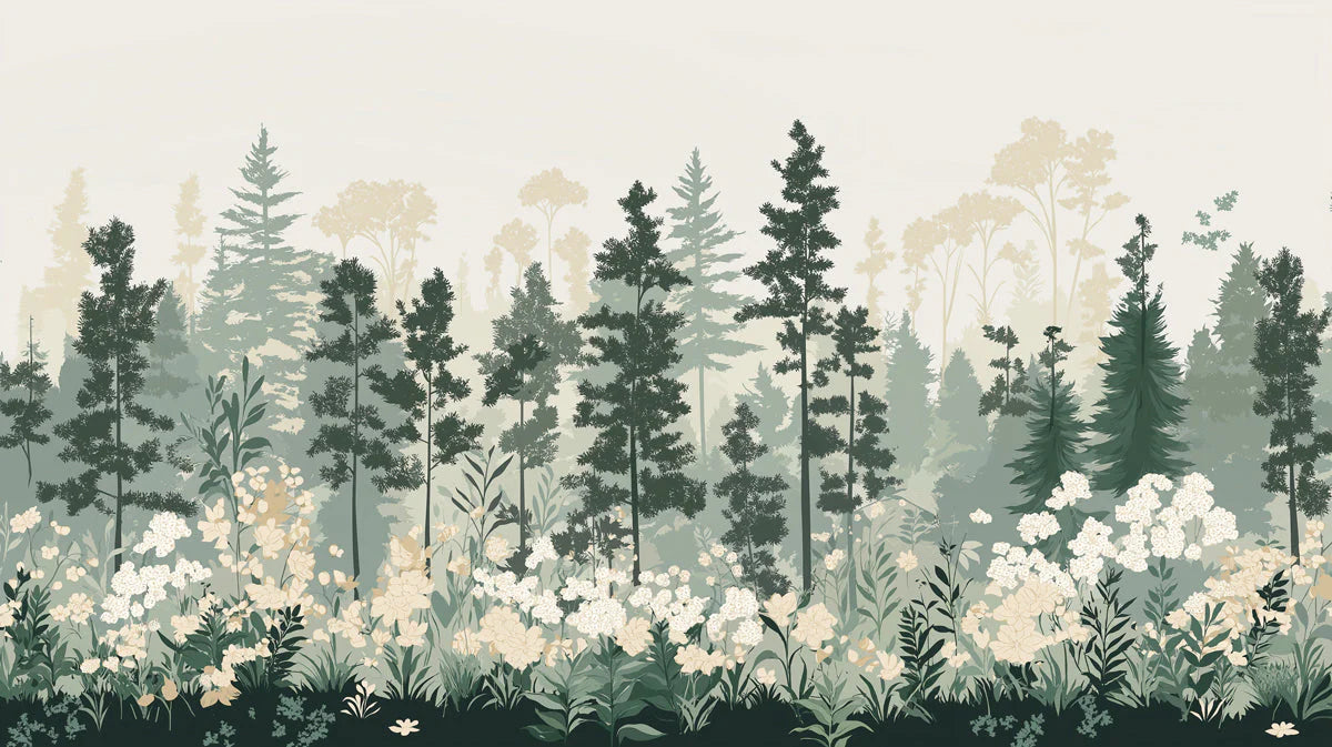 Simple Pine Tree Mural Wallpaper in Living Room Green, White Pine Trees Mural Wallpaper - room preview 02
