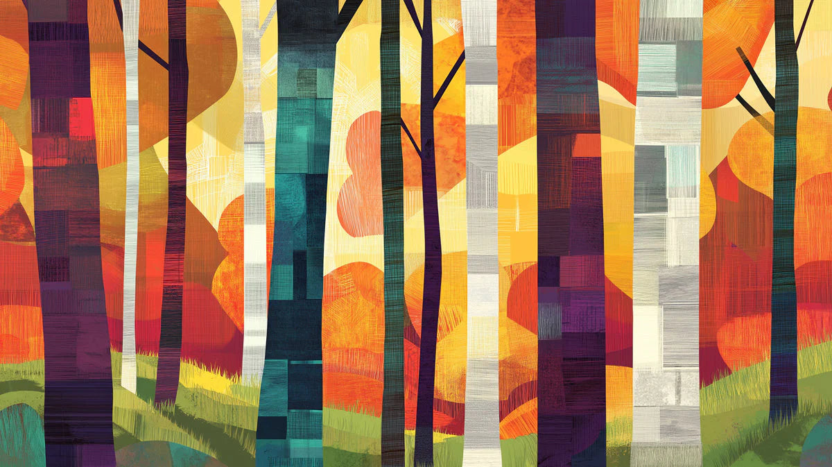 Abstract Tree Mural Wallpaper in Living Room Various Colors (Orange, Yellow, etc.) of Trees Mural Wallpaper - room preview 02
