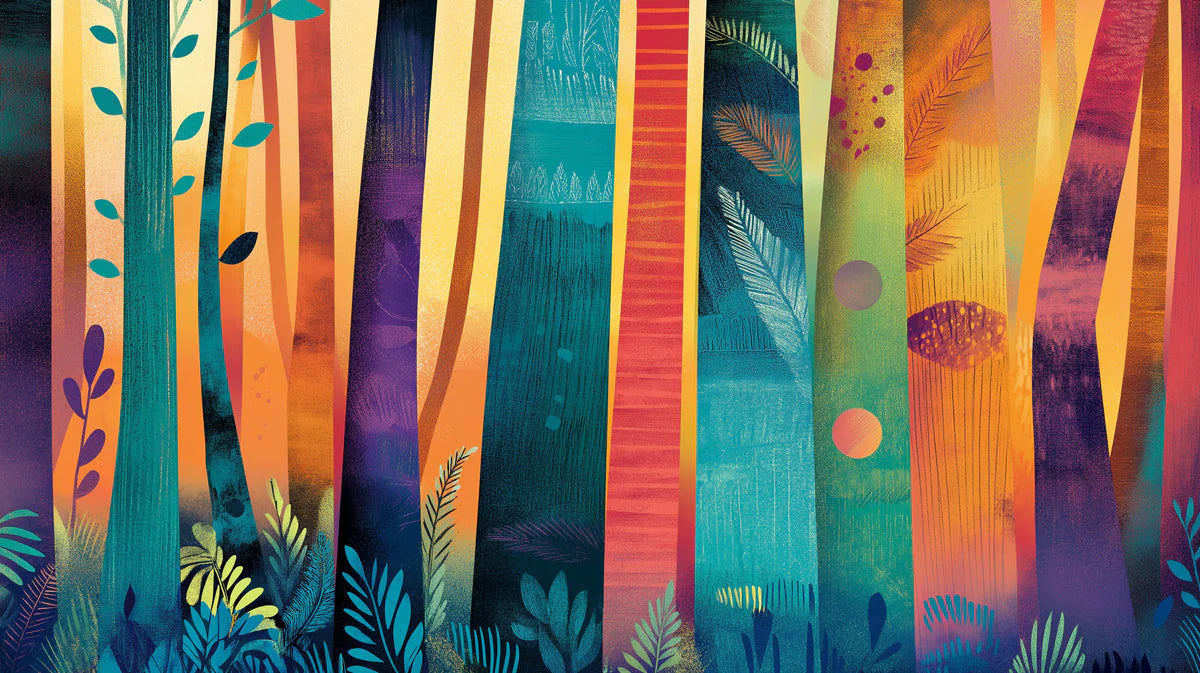 Abstract Tree Mural Wallpaper in Living Room Various Colors (Orange, Yellow, etc.) of Trees Mural Wallpaper - room preview 02
