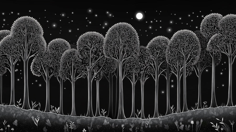 Kids Room Wallpaper Mural – Children Wall Mural for bedroom – Black and White Starry Forest in Bedroom Black, White Starry Forest printable artwork