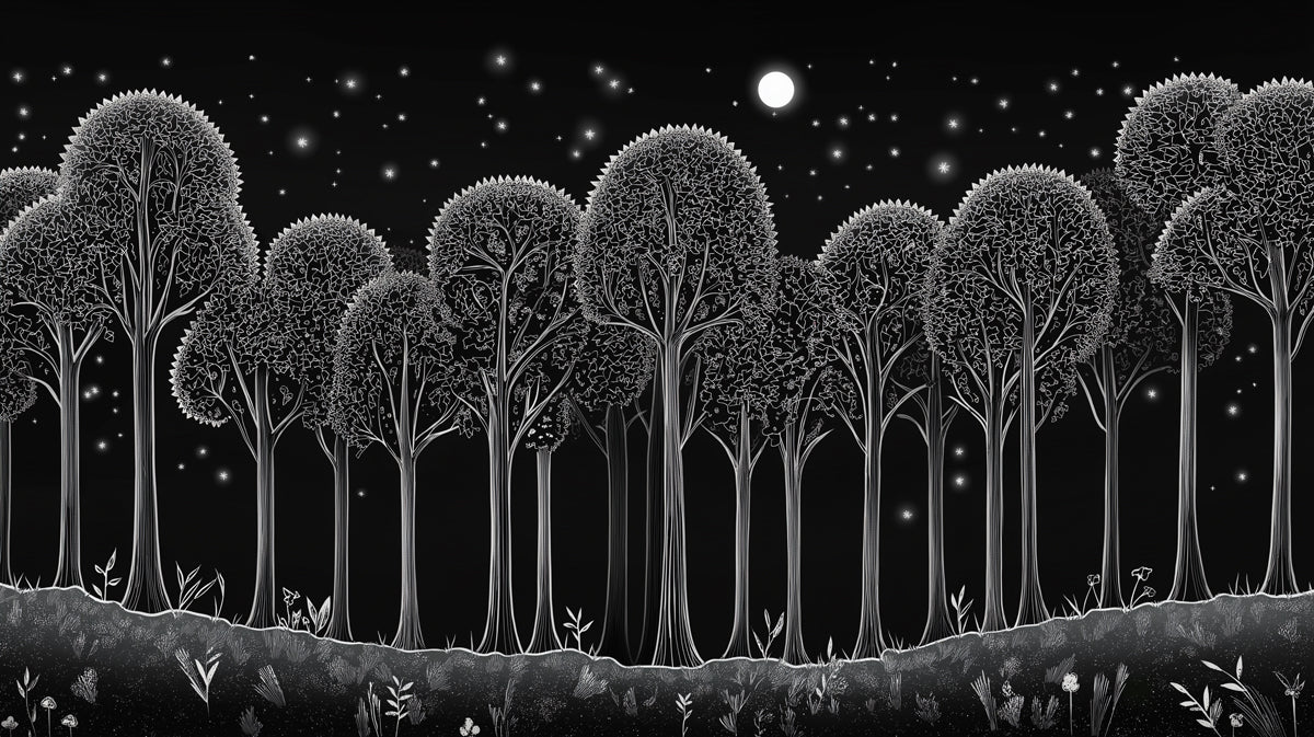 Black and White Starry Forest Mural Wallpaper in Bedroom Black, White Starry Forest Mural Wallpaper - room preview 02