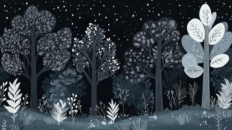 Forest Wallpaper Mural – Woodland Wall Mural for study – Black and White Starry Forest in Study room Black, White Starry Forest printable artwork