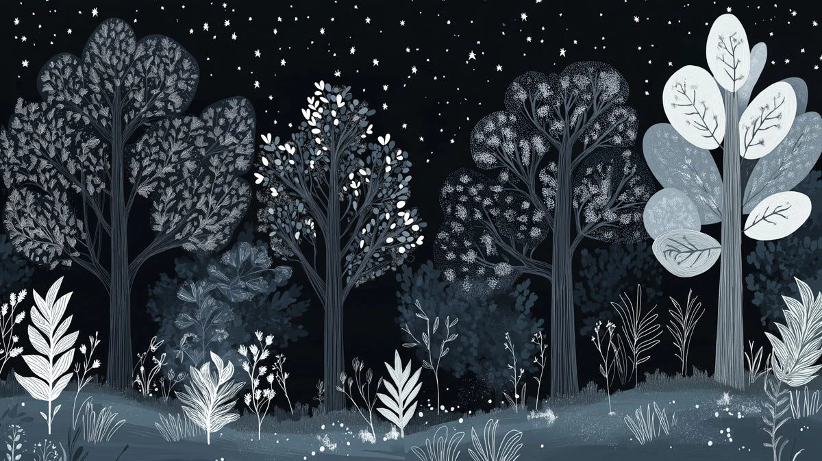 Black and White Starry Forest Mural Wallpaper in Study room Black, White Starry Forest Mural Wallpaper - room preview 02