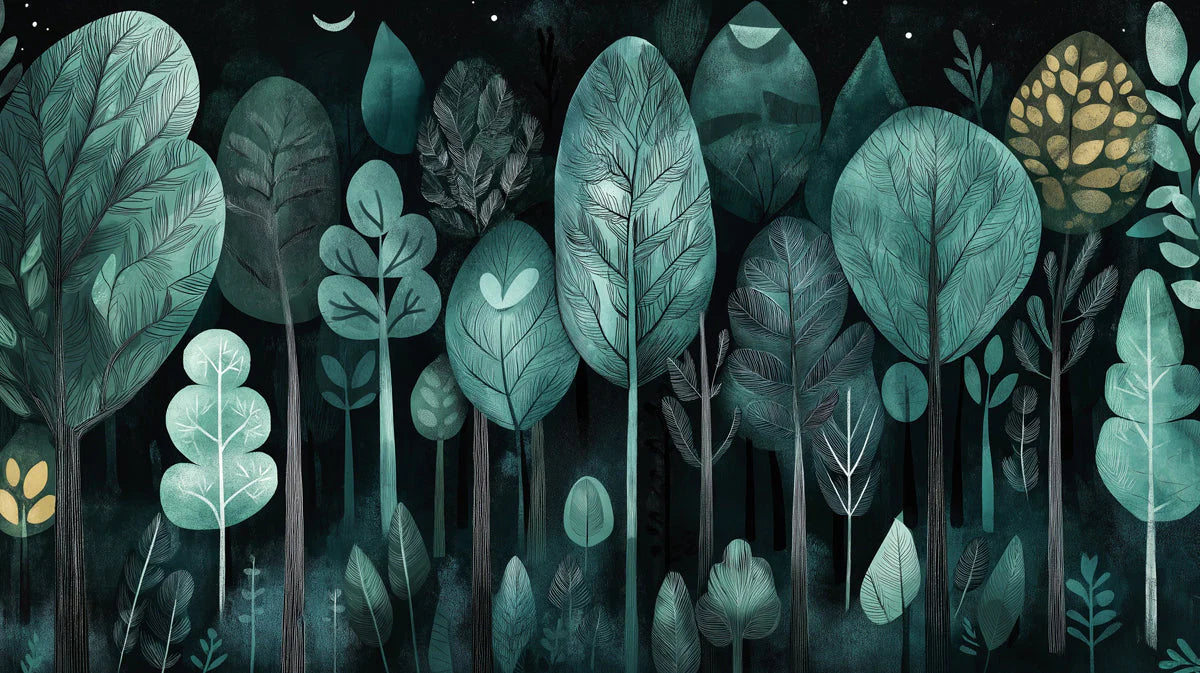 Teal Forest Mural Wallpaper in Study Room Various Shades of Teal Forest Mural Wallpaper - room preview 02