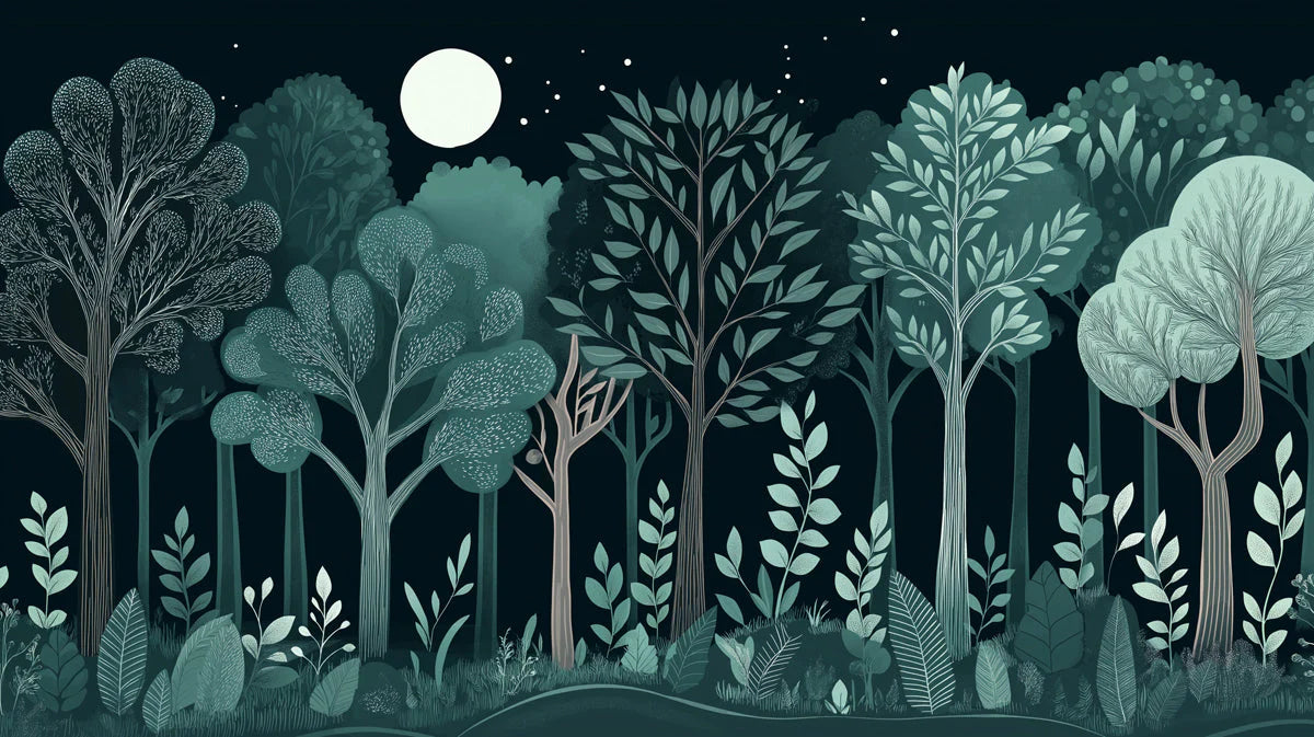 Teal Forest Mural Wallpaper in BedRoom Various Shades of Teal Forest Mural Wallpaper - room preview 02