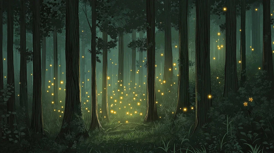 Forest Wallpaper Mural – Woodland Wall Mural for bedroom – Green Forest with Fireflies in Bedroom Green, Yellow Forest with Fireflies printable artwork