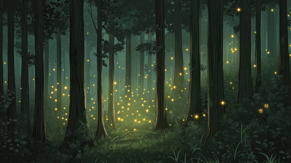 Green Forest with Fireflies Mural Wallpaper in Bedroom Green, Yellow Forest with Fireflies Mural Wallpaper - room preview 02