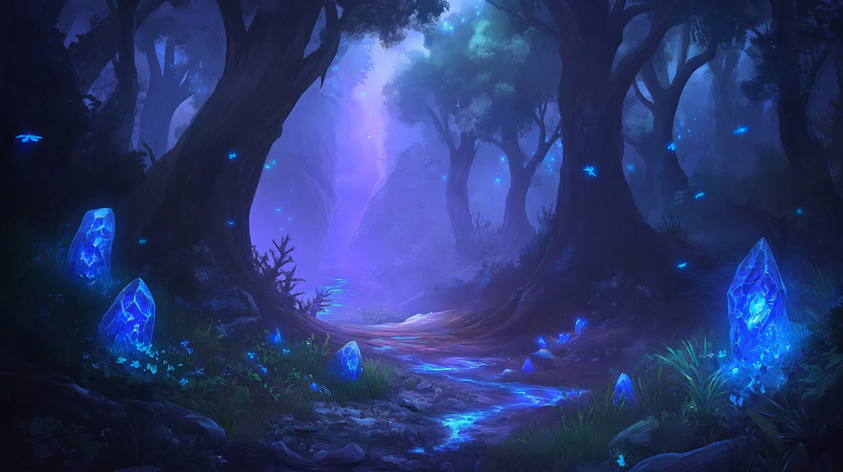 Blue Forest with Crystals Mural Wallpaper in Bedroom Blue, Purple Forest with Fireflies Mural Wallpaper - room preview 02