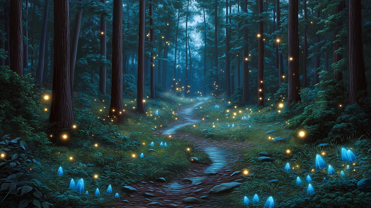 Blue Forest with Crystals Mural Wallpaper in Living Room Blue, Purple Forest with Fireflies Mural Wallpaper - room preview 02