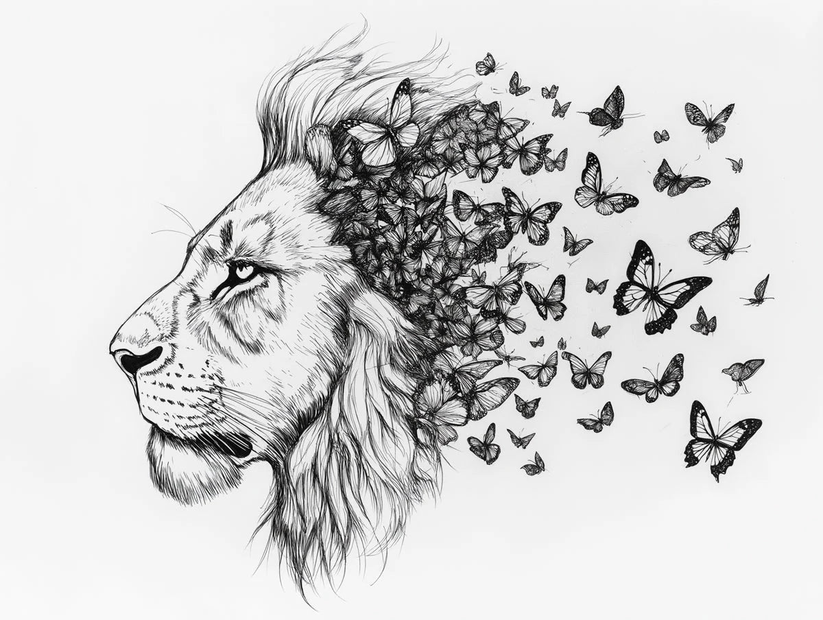 Lion and Butterflies Black and White Lion and Butterflies Mural Wallpaper - room preview 02