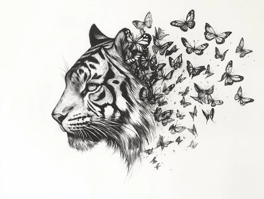 Tiger und Schmetterlinge Schwarz-Weiß Tiger und Schmetterlinge Wandtapete printable artwork