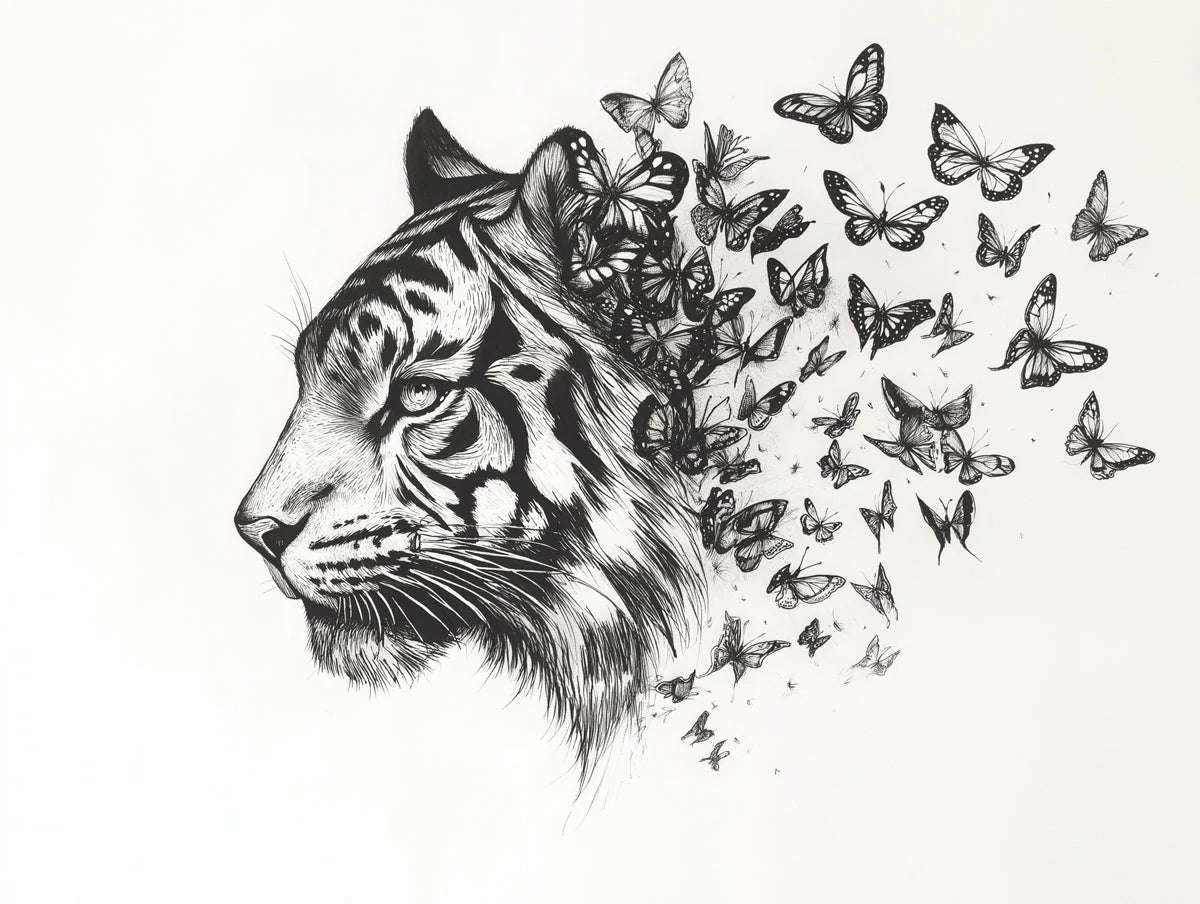 Tiger and Butterflies Black and White Tiger and Butterflies Mural Wallpaper - room preview 02