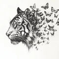 Tiger and Butterflies Black and White Tiger and Butterflies Mural Wallpaper - room preview 02