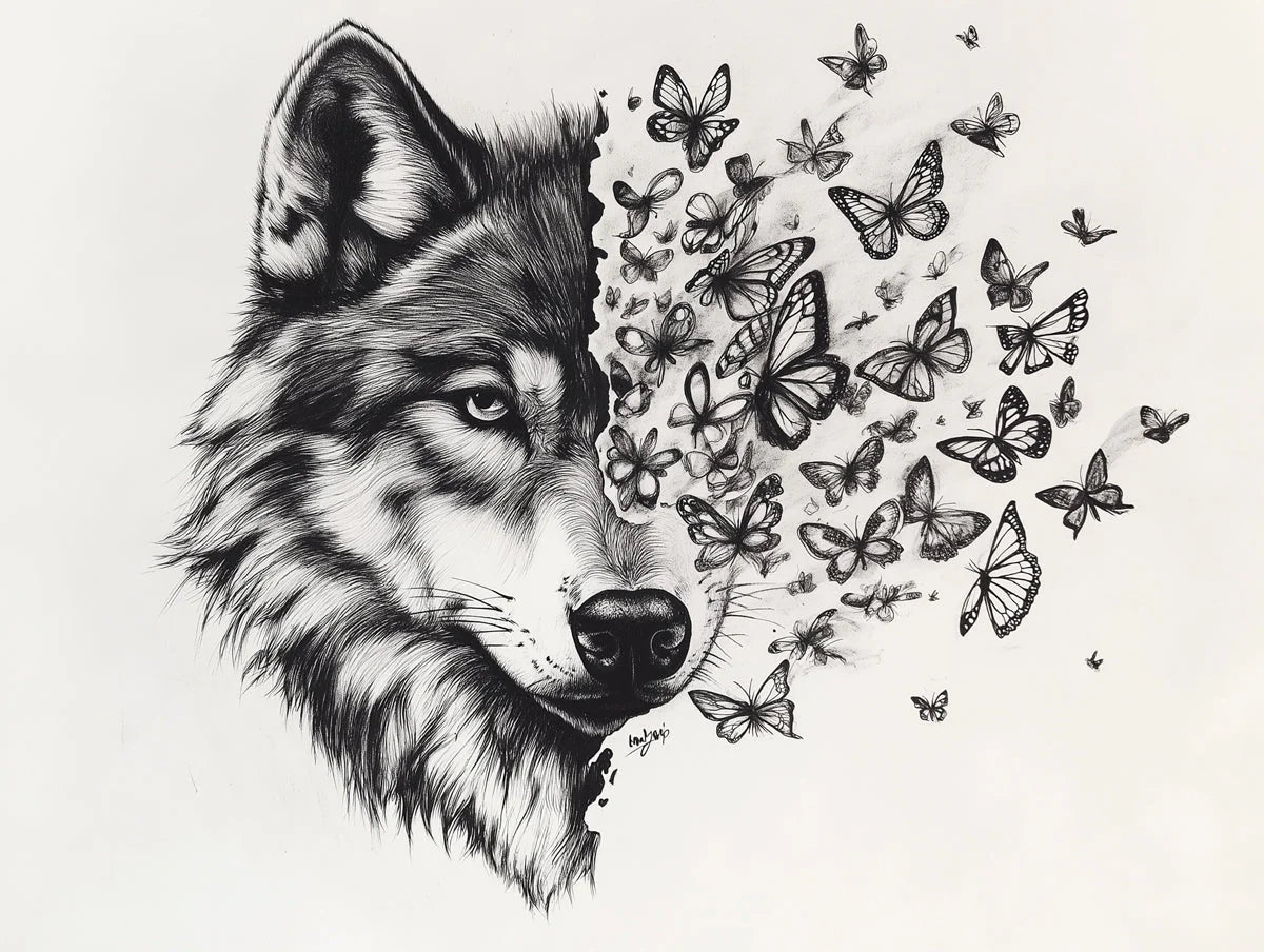 Wolf and Butterflies Black and White Wolf and Butterflies Mural Wallpaper - room preview 02