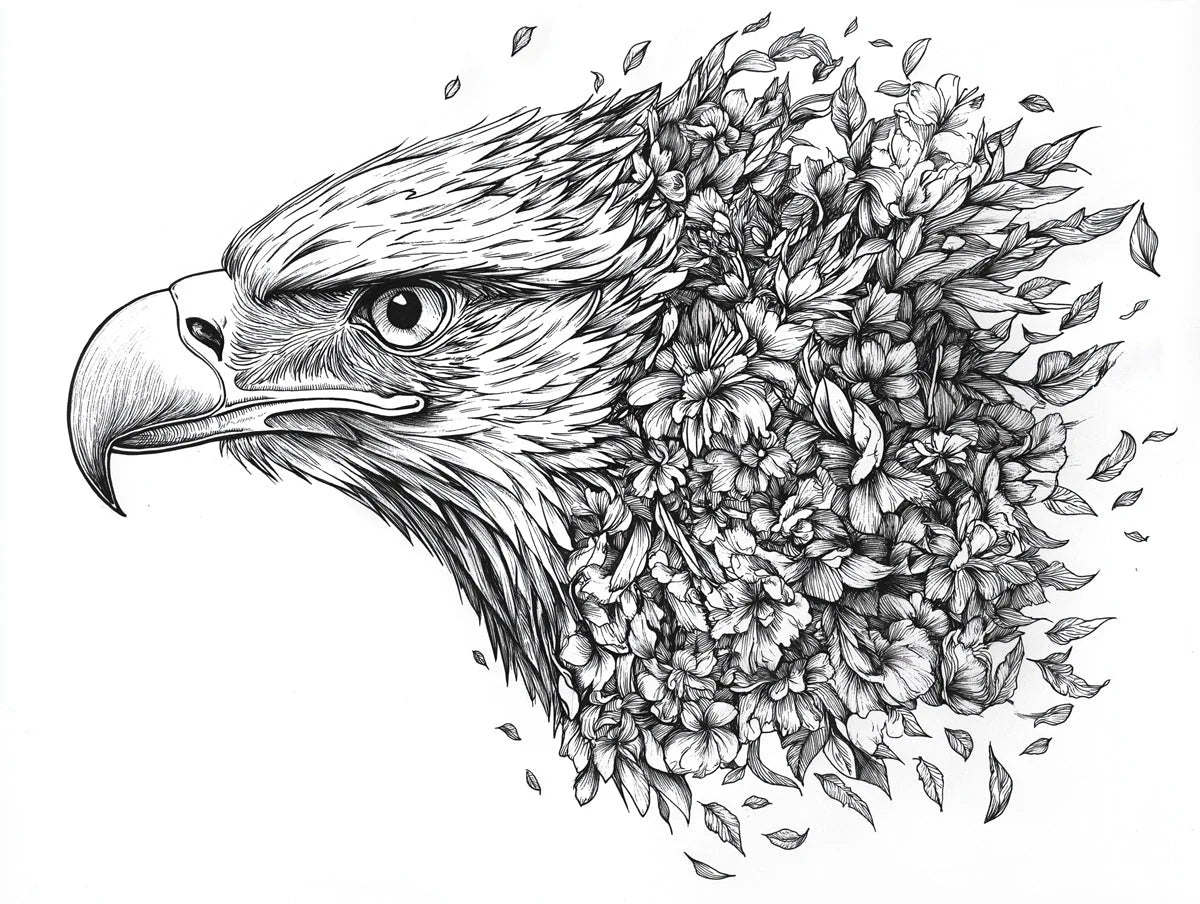 Eagle and Flowers Black and White Eagle and Flowers Mural Wallpaper - room preview 02