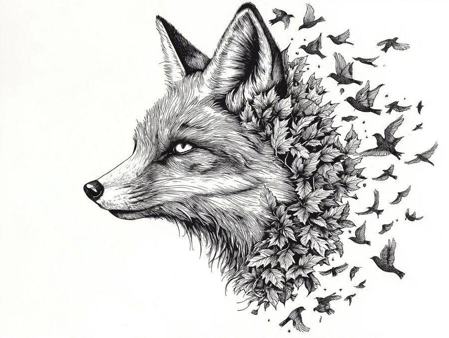 Fox Wallpaper Mural – Forest Animal Wall Mural – Fox and Birds Black and White Fox and Birds printable artwork