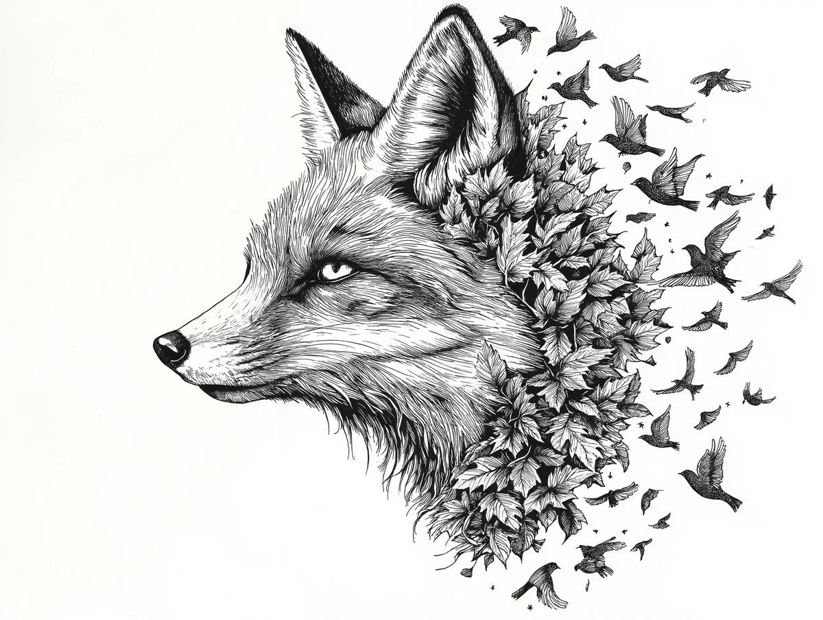 Fox and Birds Black and White Fox and Birds Mural Wallpaper - room preview 02