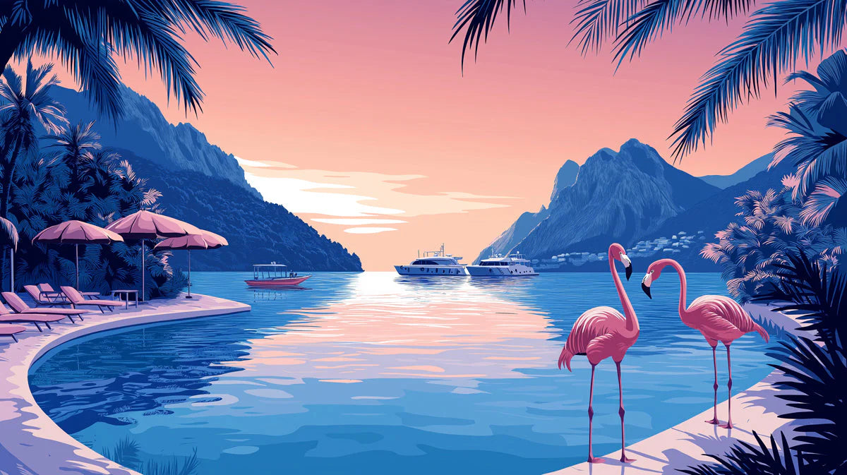 Flamingo and Beach Various Colors (Pink, Blue, etc.) of Flamingo and Beach Mural Wallpaper - room preview 02