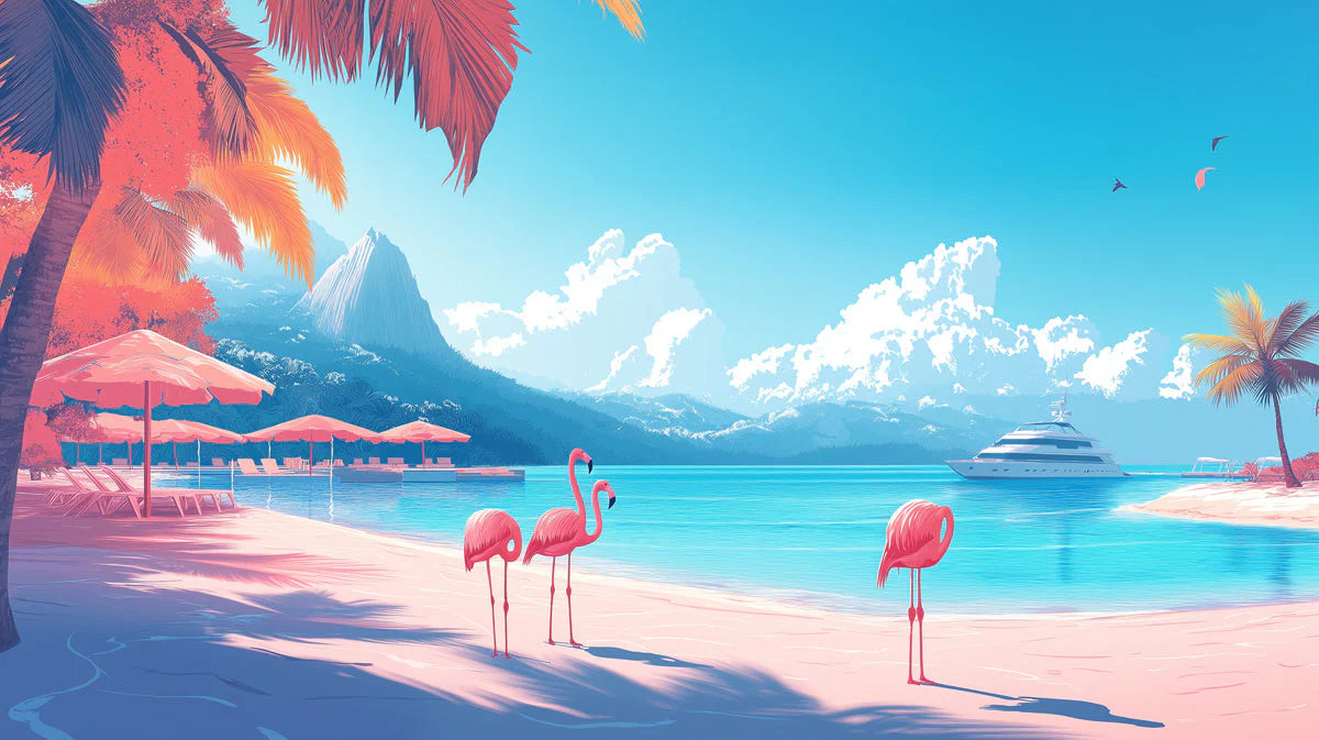 Flamingo and Beach Various Colors (Pink, Blue, etc.) of Flamingo and Beach for a Cafe Mural Wallpaper - room preview 02