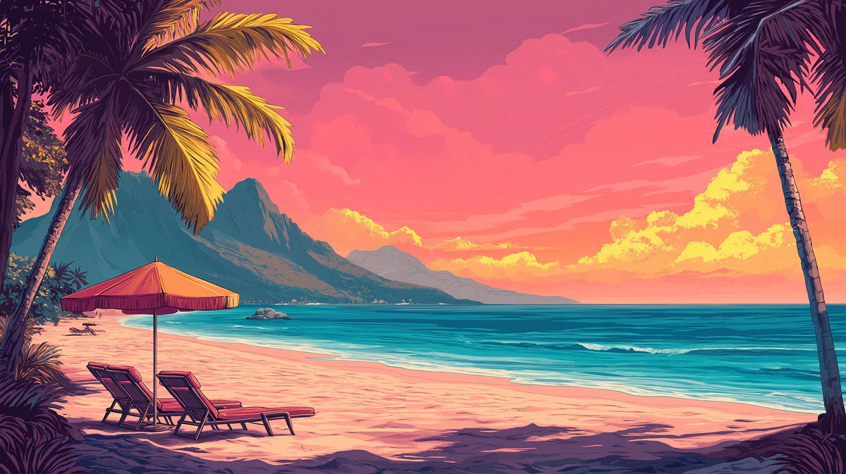 Beach and Palm Tree Various Colors (Pink, Blue, etc.) of Beach and Palm Mural Wallpaper - room preview 02