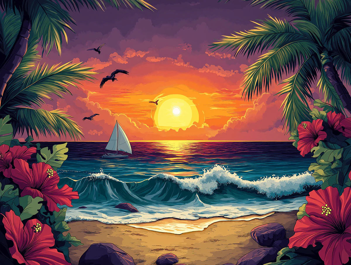 Beach Sunset with Sailboat Various Colors (Orange, Red, Blue, etc.) of Beach Sunset Mural Wallpaper - room preview 02
