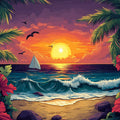 Beach Sunset with Sailboat Various Colors (Orange, Red, Blue, etc.) of Beach Sunset Mural Wallpaper - room preview 02