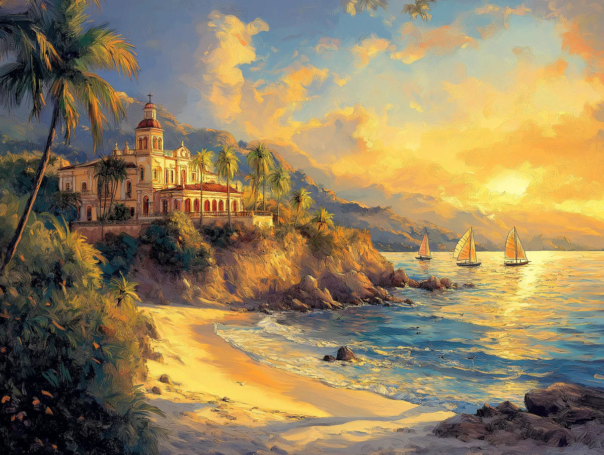 Beach with Castel Various Colors (Yellow, Blue, etc.) of Beach with Castel Mural Wallpaper - room preview 02