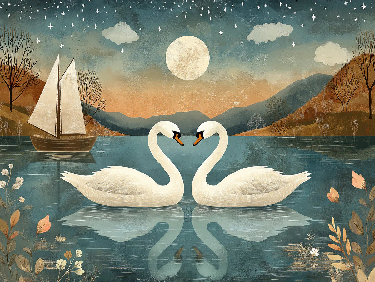 Romantic Swans and Moon Wallpaper for a Commercial Space in Office or Hotel Mural Wallpaper - room preview 02