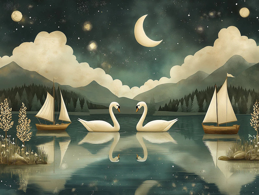Moon Wallpaper Mural – Lunar Wall Mural for living room – Romantic Swans and Moon Various Colors (Blue, Orange, etc.) of Swans and Moon printable artwork