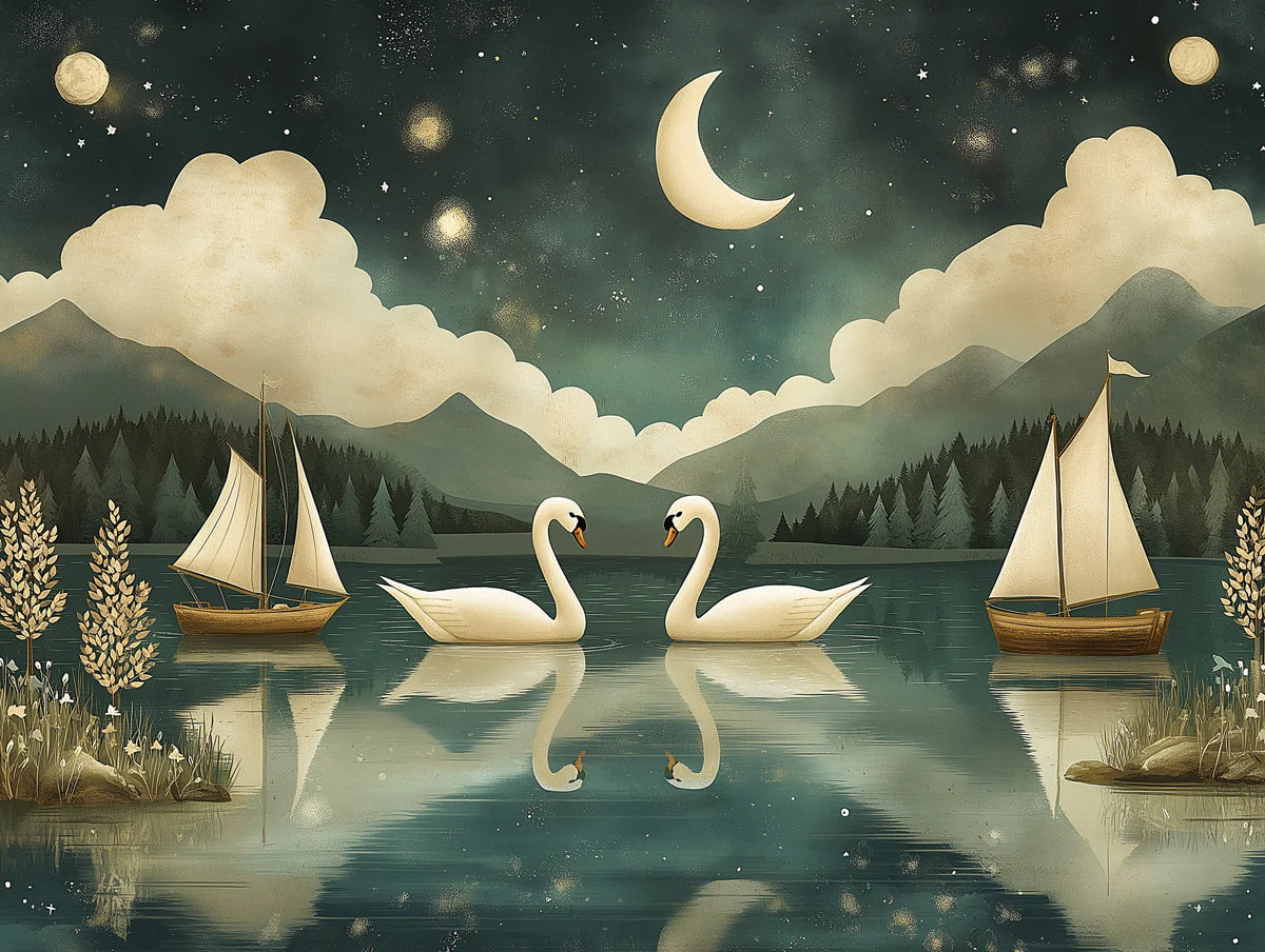 Romantic Swans and Moon for a living room Various Colors (Blue, Orange, etc.) of Swans and Moon Mural Wallpaper - room preview 02