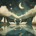Romantic Swans and Moon for a living room Various Colors (Blue, Orange, etc.) of Swans and Moon Mural Wallpaper - room preview 02