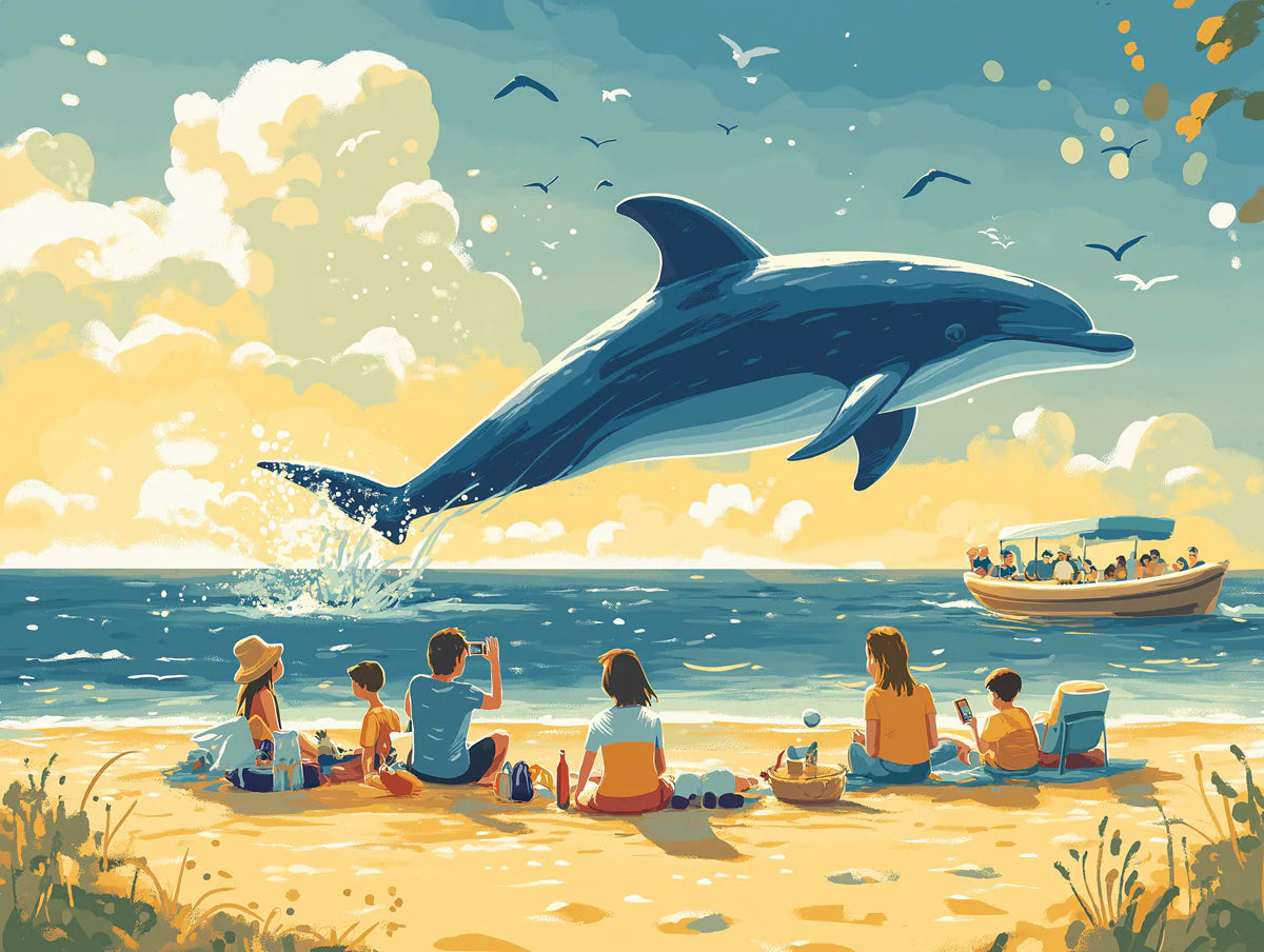 Dolphin and Beachgoers Various Colors (Blue, Yellow, etc.) of Dolphin and Beachgoers Mural Wallpaper - room preview 02