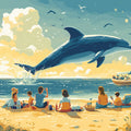 Dolphin and Beachgoers Various Colors (Blue, Yellow, etc.) of Dolphin and Beachgoers Mural Wallpaper - room preview 02