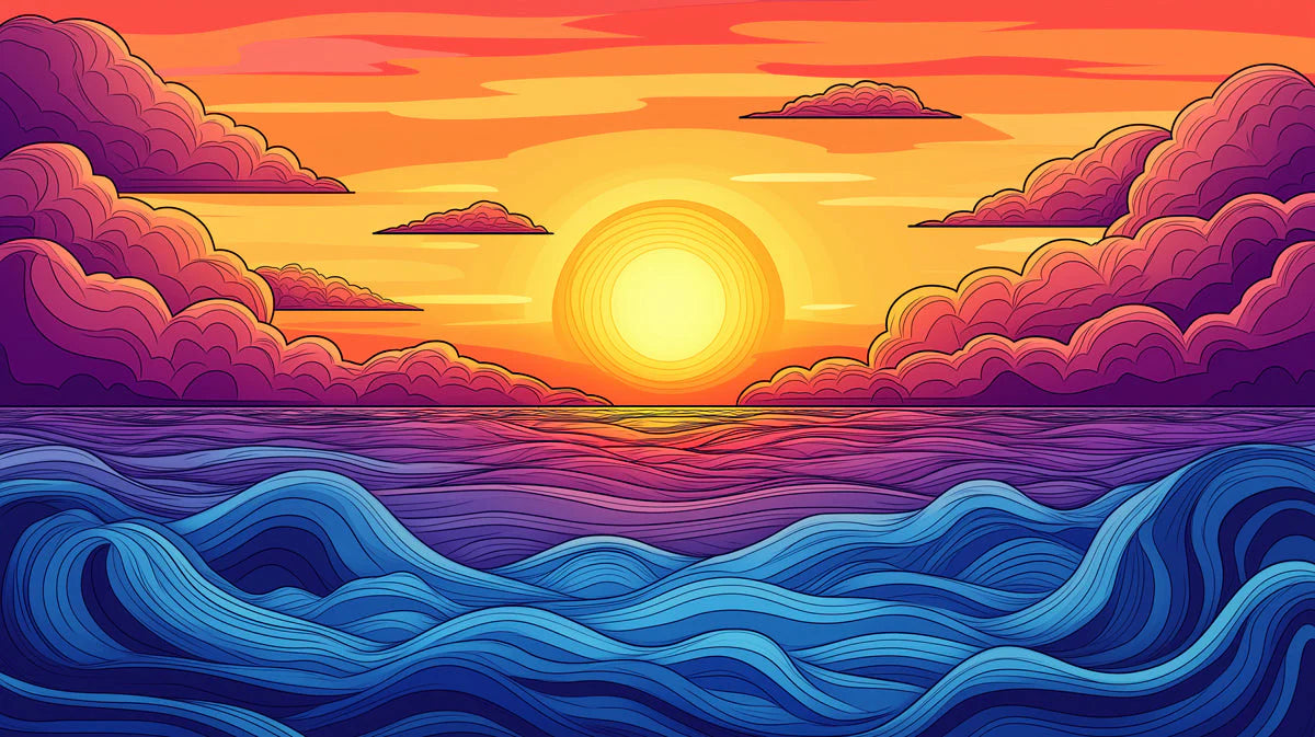 Sunset and Waves Various Colors (Orange, Purple, Blue, etc.) of Sunset and Waves Mural Wallpaper - room preview 02