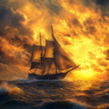 Stormy Sea with Ship Various Colors (Orange, Brown, etc.) of Stormy Sea Mural Wallpaper - room preview 02
