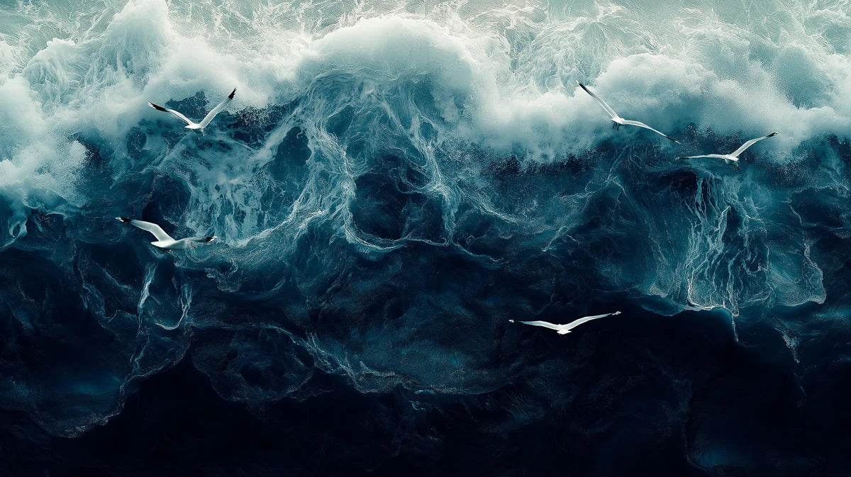 Turbulent Sea with Seagulls Mural Wallpaper in Cafe Various Colors (Blue, White, etc.) of Turbulent Sea Mural Wallpaper - room preview 02