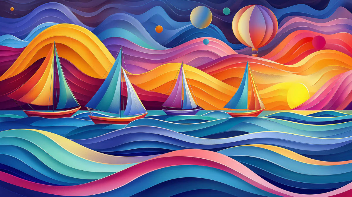 Colorful Sailboats and Waves Various Colors (Orange, Blue, Purple, etc.) of Sailboats Mural Wallpaper - room preview 02