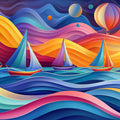 Colorful Sailboats and Waves Various Colors (Orange, Blue, Purple, etc.) of Sailboats Mural Wallpaper - room preview 02