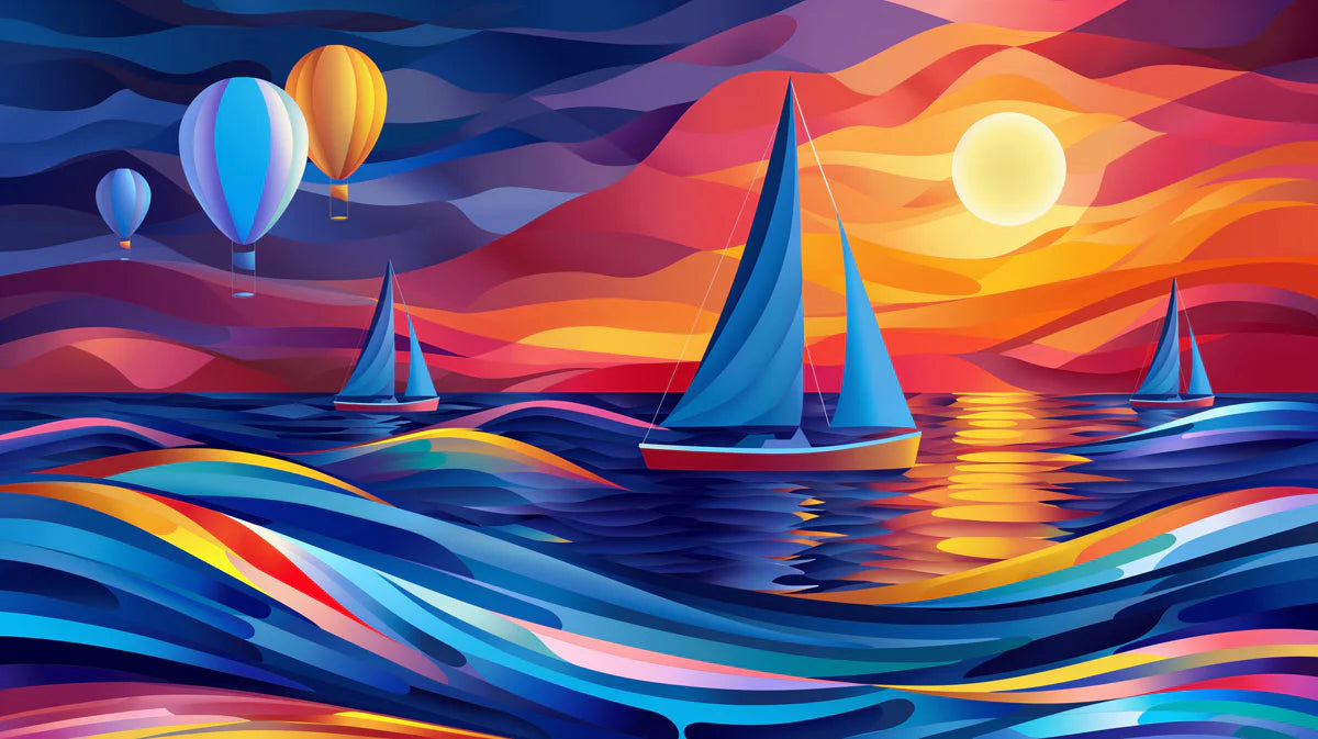 Colorful Sailboats and Waves Various Colors (Orange, Blue, Purple, etc.) of Sailboats Mural Wallpaper - room preview 02