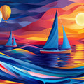 Colorful Sailboats and Waves Various Colors (Orange, Blue, Purple, etc.) of Sailboats Mural Wallpaper - room preview 02