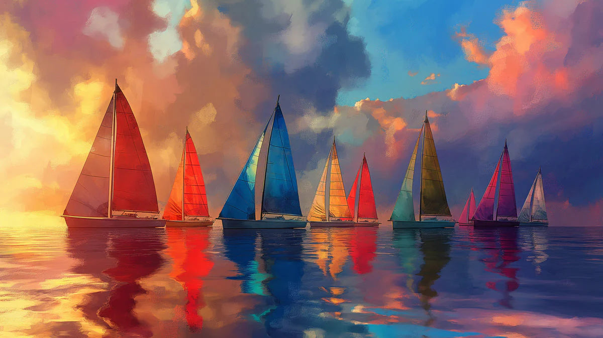 Sailboats and Sunset Clouds Various Colors (Red, Blue, etc.) of Sailboats and Sunset Mural Wallpaper - room preview 02