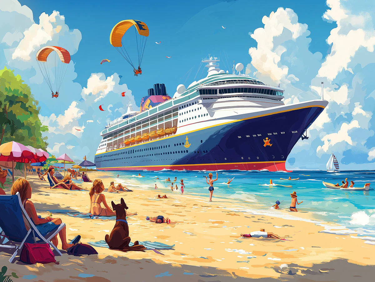 Cruise Ship and Beach Various Colors (Blue, White, etc.) of Cruise Ship and Beach Mural Wallpaper - room preview 02