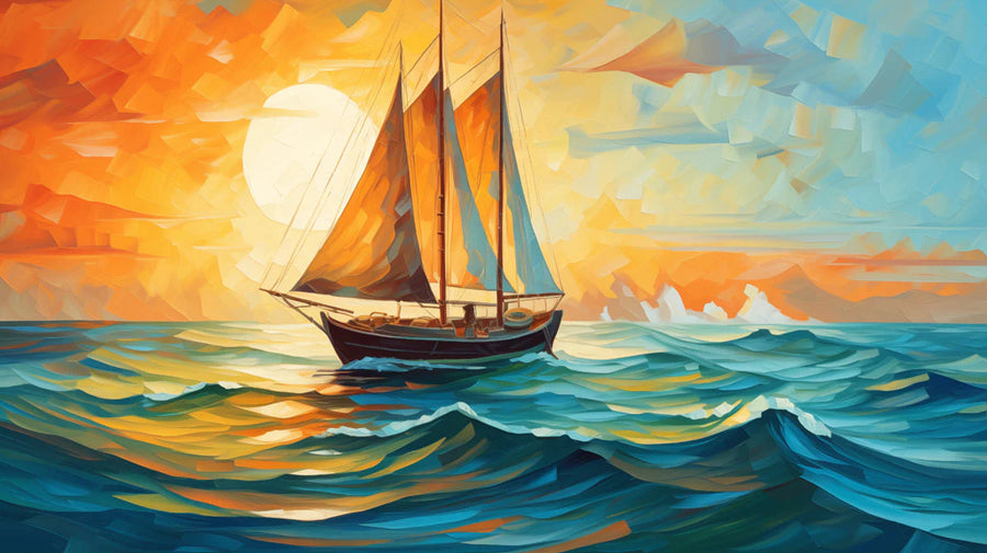 Coucher de soleil et voilier Couleurs variées (Orange, Bleu, etc.) du papier peint mural Coucher de soleil et voilier printable artwork