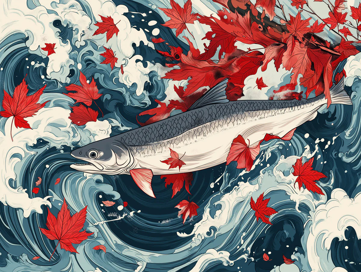 Salmon and Maple Leaves Mural Wallpaper for a living room Mural Wallpaper - room preview 02